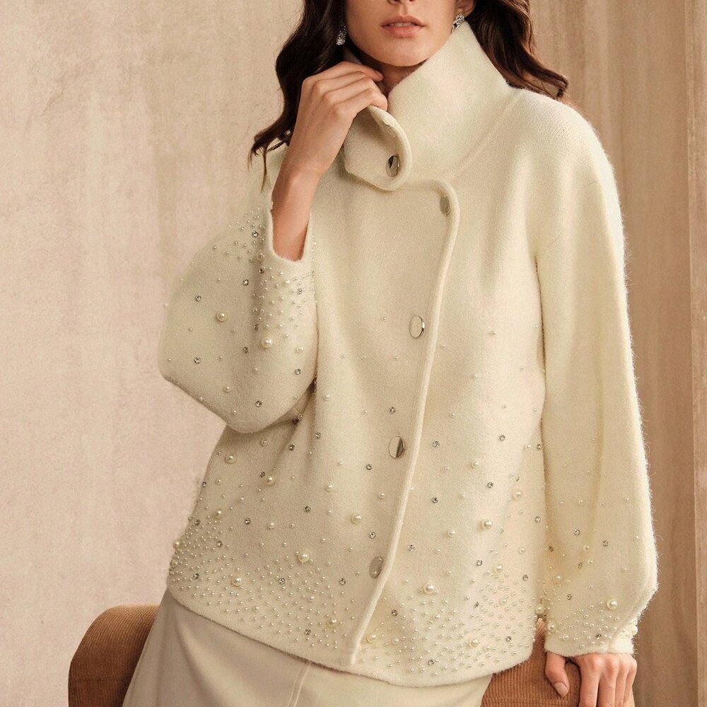 Cream Casual Women's Cardigan with Pearl & Rhinestone Details - Picture 4 of 11